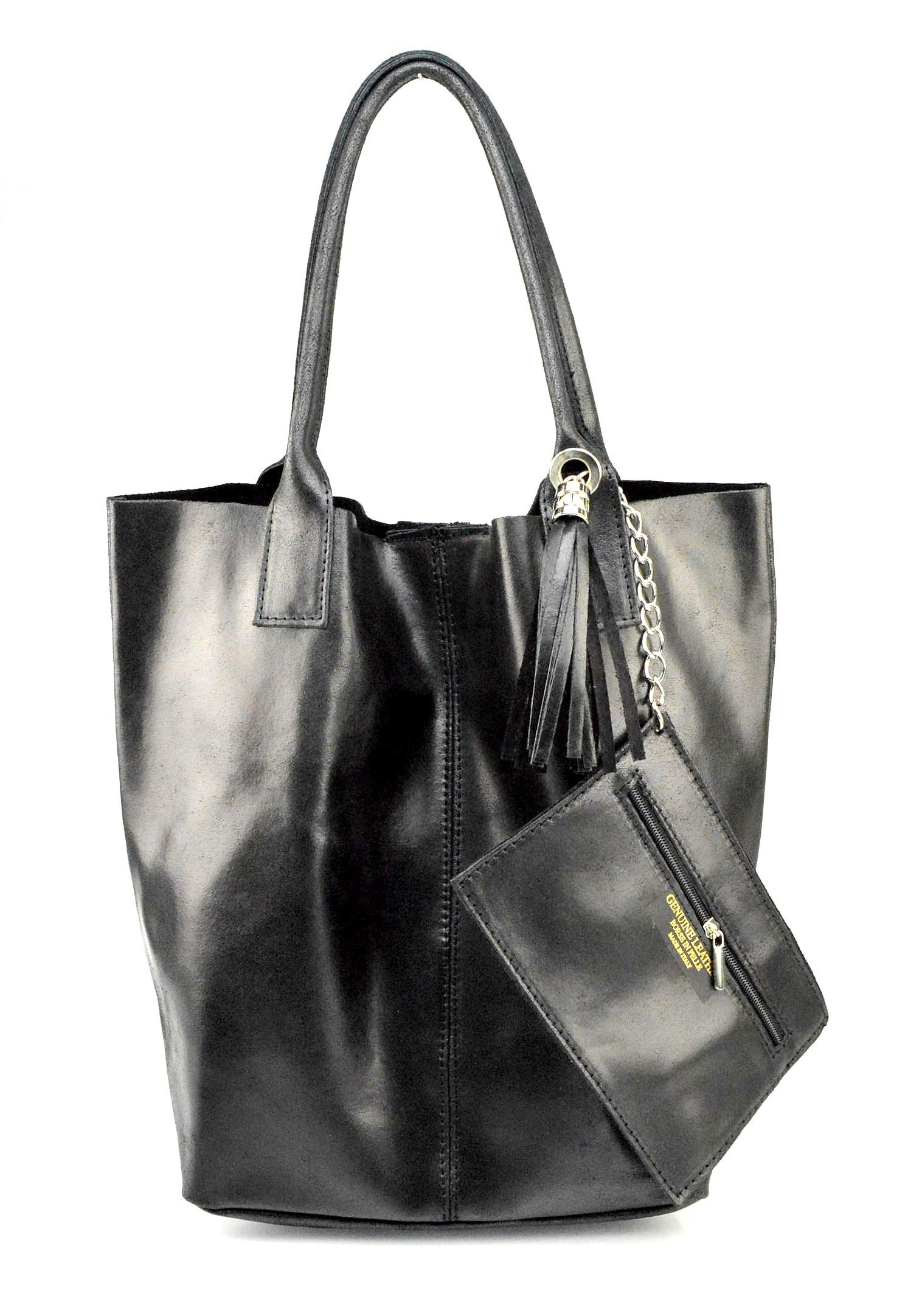 Nadčasová jedinečná černá kožená shopper kabelka přes rameno Melani
